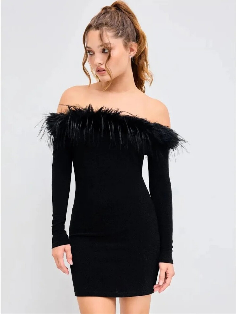 Cider Black Strapless Dress with Faux Fur Trim
